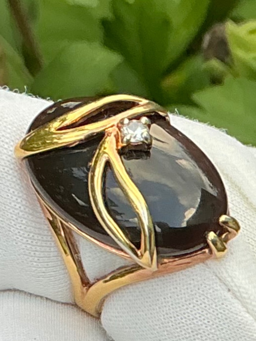 Vintage Seta Oval Black Onyx & Crystal Gold Plated Statement Ring Size 6
